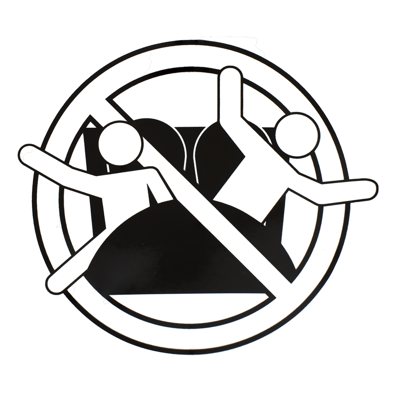 Official Gravitykraft Timberliner “Stay Seated” safety sticker, 4x4 black and white vinyl decal used on wooden coaster trains.