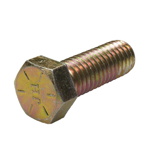 Grade 8 yellow zinc hex head cap screw, 7/16"-14 x 1.25", partially threaded for heavy-duty fastening.