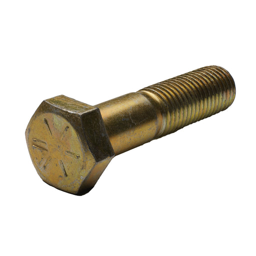 7/8"-9 x 3.75" Grade 8 hex head cap screw with yellow zinc plating for heavy-duty industrial fastening.